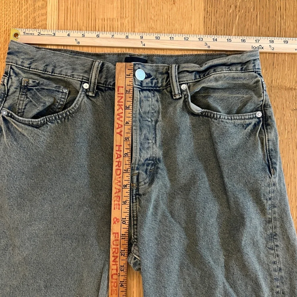 H&M Mens 34x34 Green Acid Wash Loose Straight Jeans Button Fly 100% Cotton